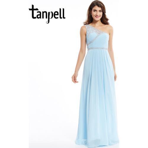 Tanpell one shoulder evening dress cheap sky blue sleeveless floor length dresses newest beaded a line long party evening dress