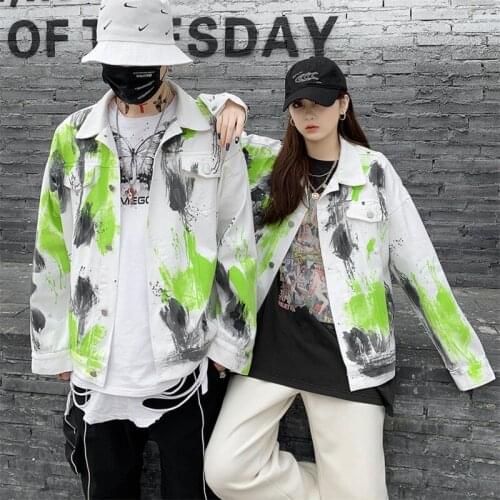 Harajuku Vintage Graffiti Print Denim Jacket Female 2021 Streetwear Loose Oversized Women Jeans Jacket Couple outfit Casual Coat