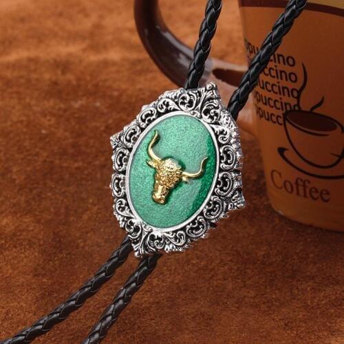 Vintage Western Cowboy Mens BOLO Tie Slide Clip Gold OX Head PU Leather