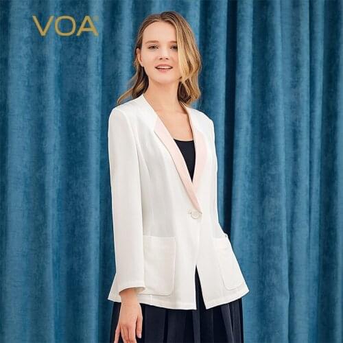 VOA Heavy Stretch Silk White Hit Pink Collarless Single Buckle Large Pocket European and American Simple Casual Silk Jacket W377
