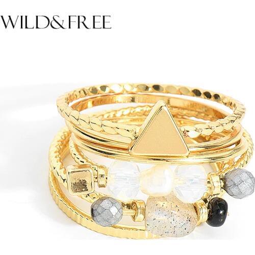 WILD & FREE 6 PCS Fashion Ring Set For Women Gold Geometric Shape Handmade Pearl Stone Beaded Bohemian Midi Ring Sets Girl Gift