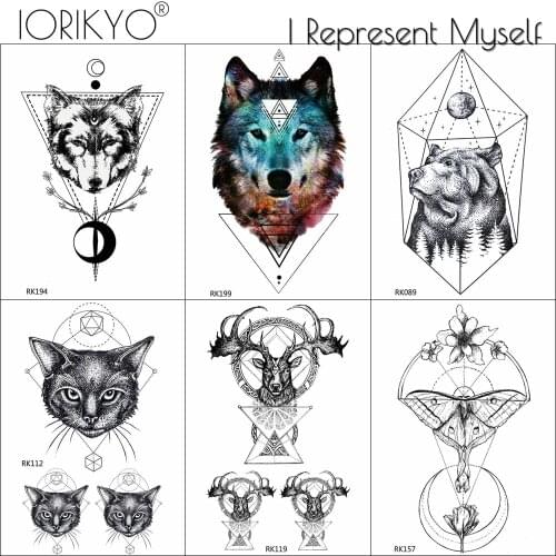 IORIKYO Womens Fashion Geometric Wolf Tattoos Sticker Women Arm Temporary Tattoo For Kids Moose Moth Waterproof Tatoos Bear