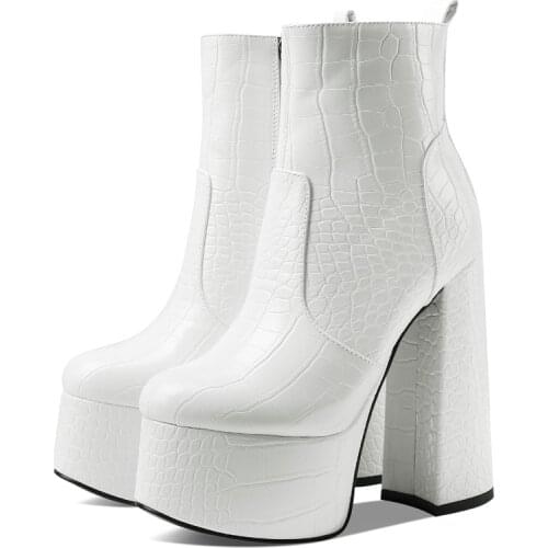 Sexy Womens Ankle Boots Platform Cowboy Boots For Women Block High Heels Zipper Black White Short Party Shoes Female New 2021