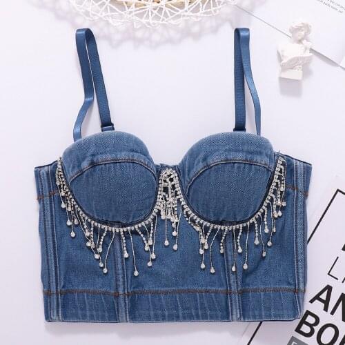 2021 New Denim Camisole Sexy Backless Short Top Fish Bone Tube Top Beading Fringed Tassel Dance Bustier Bra For Women Y1239