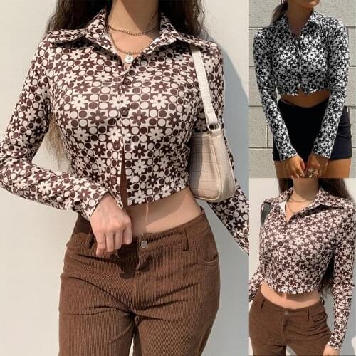 Female Print Y2K Long Sleeve Crop Top Shirt Brown Vintage Summer Spring V Neck Casual Sexy Basic T Shirts 90S T-shirt Women 2021