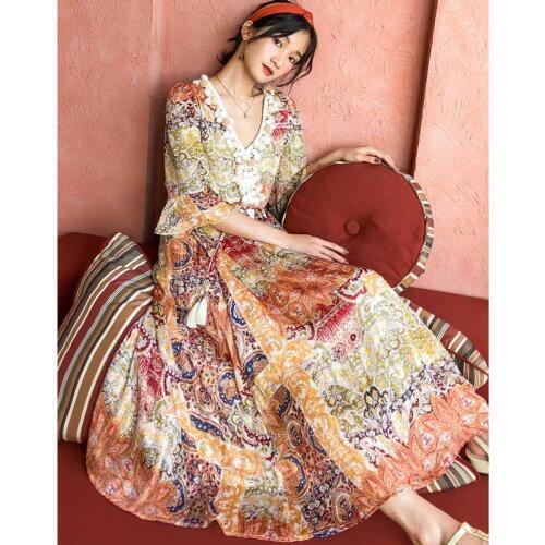 BOHO INSPIRED long boho dress tassle trims V-neck gypsy dress women 2020 Spring summer dress resorted floral dress female new