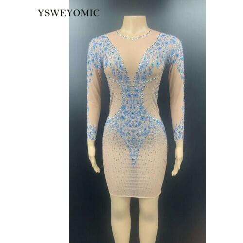 New Silver Blue Rhinestone Transparent Short Dress Women Birthday Celebrate Outfit Prom Dress Bar Dancer Show Dress For Lady