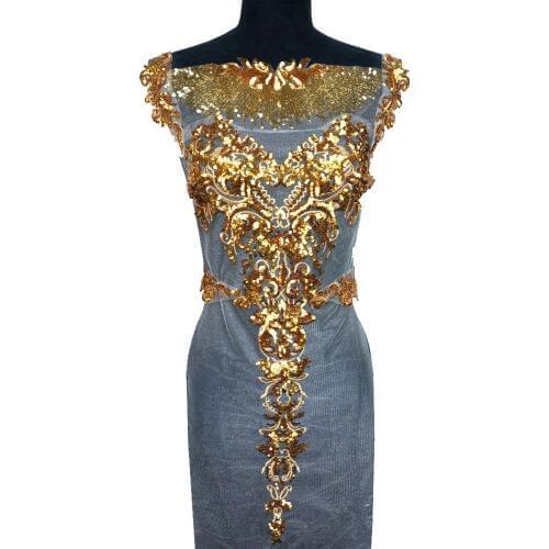 1 Set Gold Sequin Lace Fabric White Tassel Mesh Royal Noble Embroidered Wedding Gown Applique Sew Patch For Dress Decoration DIY