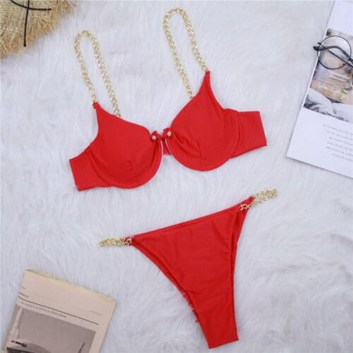 2021 Sexy High Cut Golden Chain Bikini Swimwear Women Swimsuit Female Two-pieces Bikini set Underwired Bather Bathing Suit Swim