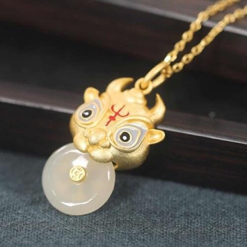 Pure S925 Silver Pendant Women White Jadeite Round Coin OX Necklace Pendant