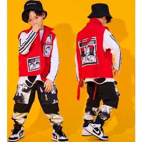 Kids Hip Hop Performance Clothes Red Vest Jacket Sweatshirt Tops Tactical Cargo Pants For Boys Girls Jazz Dance Costume Outfits