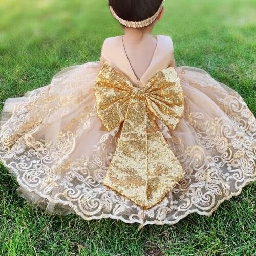 Toddler Baby Girl Princess Dress Kids Birthday Sequin Bowknot Ball Gown Pageant Flower Girl Wedding Children Formal Lace Frocks