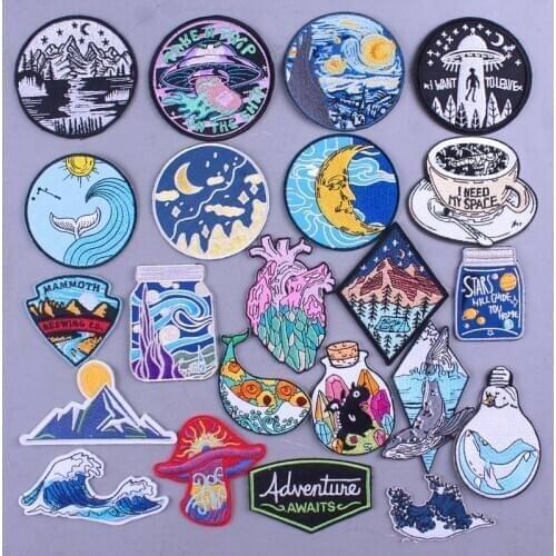 Outdoor Travel Patch Embroidered Patches For Clothing Mountain Adventure Nature Patches On Clothes Whale Wave Embroidery Patch
