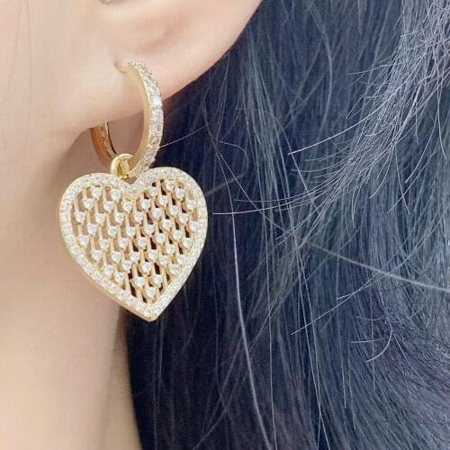 Famous Luxury High Jewelry Heart CZ Stud Earring For Women Accessories Full Cubic Zircon Earrings pendientes mujer moda E9389