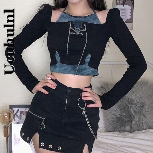Ucuhulnl Goth Cool Fake-two-piece Women T-shirt 2021 Autumn Halter Hollow Out Patchwork Tie-dye Short-length Metal Chains Top