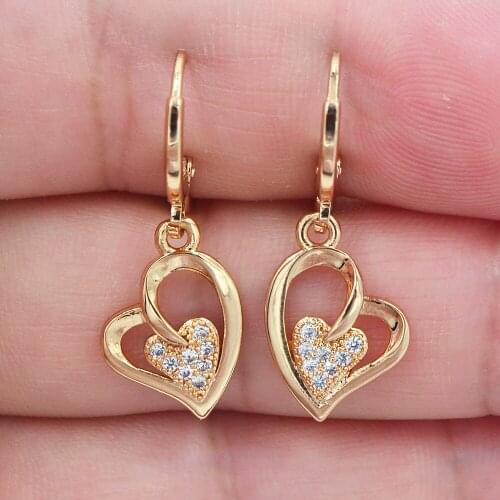 Fashion Jewelry Gold Color Clear White Zircon CZ Cute Love Heart Dangle Earrings for Women