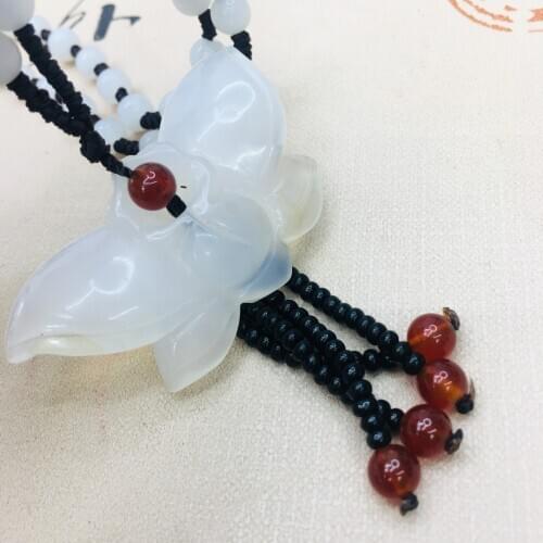 Natural Brazilian Ice Chalcedony Jade Carved White Butterfly Pendant with Chalcedony Bead Necklace Mens and Womens Sweater Cha
