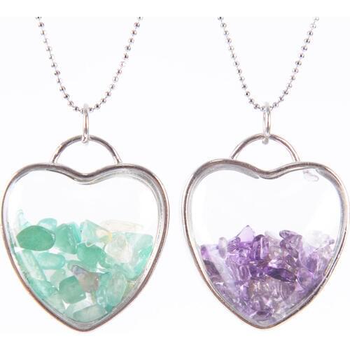 Natural Fluorite Crystal Stone Beads Chip Clear Glass Bottle Charms The Shape Of Heart Pendant Necklace Jewelry D885-D891