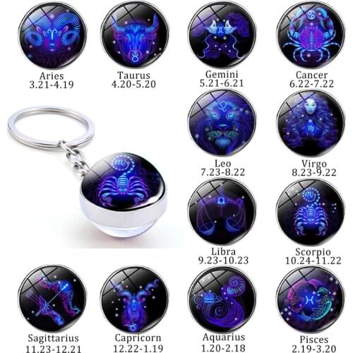 New 12 Constellation Keychain Bull Sheep Lion Crab Scorpion Zodiac Glass Ball Key Chain Car Key Ring Men Birthday Gift