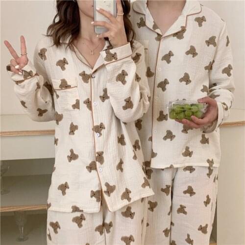 Couple 100% cotton pajama set kawaii bear cartoon autumn winter casual homewear long sleeve pants 2 piece set ladies pyjama L391