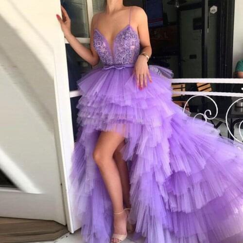 High Low Prom Dresses Spaghetti Straps Appliques Beading Tiered Tulle Plus Size Backless Evening Dresses Sexy Party Dresses