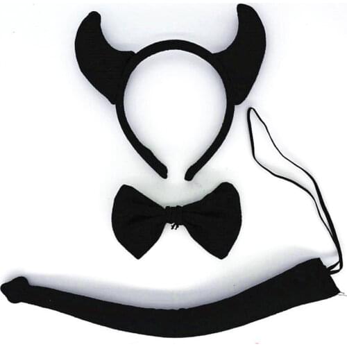 Red Black Devil Demon Horn Headband Tie Tail Set Animal Cosplay Costume Birthday Party Dress Props Halloween Christmas Purim
