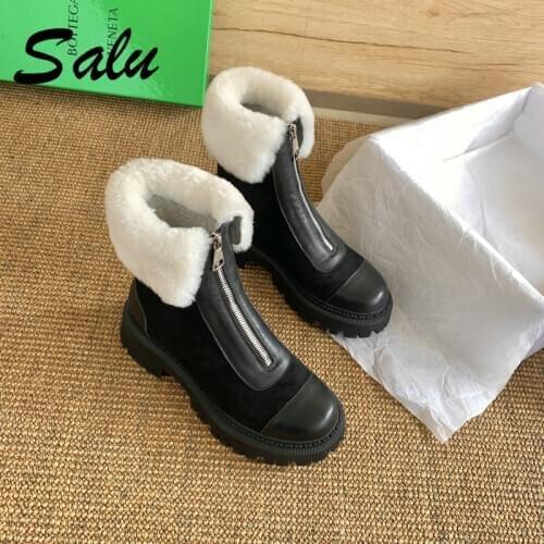 Salu Classic Women Boots Winter Newest Genuine Leather Chunky Heels Wool Shoes Woman Zipper Motorcycle Boots