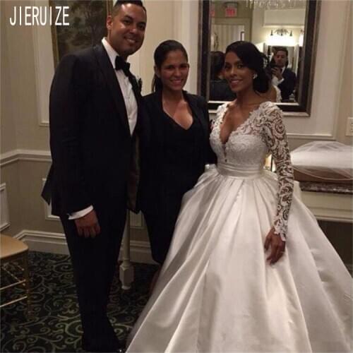 JIERUIZE Sexy Vintage Ball Gown Wedding Dresses Deep V Neck Long Sleeve Bridal Gowns Lace Up Back Bride Dresses vestido de noiva