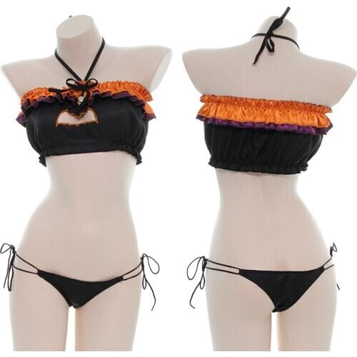Halloween Sexy Cat Open Chest Bra Lingerie Sets Girl Devil Bat Bell Pumpkin Lace up Pajamas Gothic Lolita Sleepwear Bikini Set