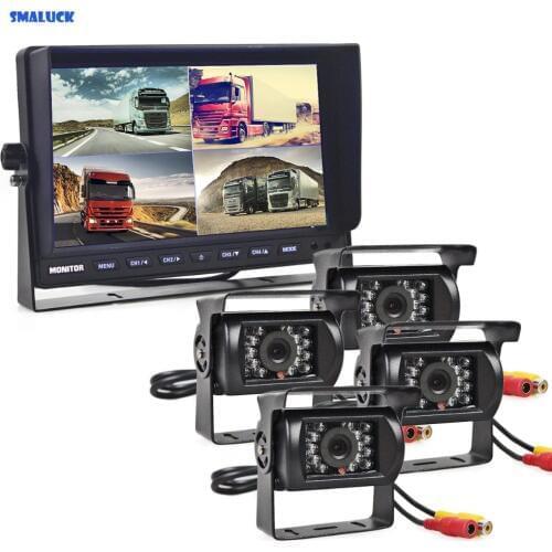 SMALUCK 10inch Split Quad Display Rear View Monitor Car Monitor + IR Night Vision Rear View Camera Waterproof for Car Truck Bus