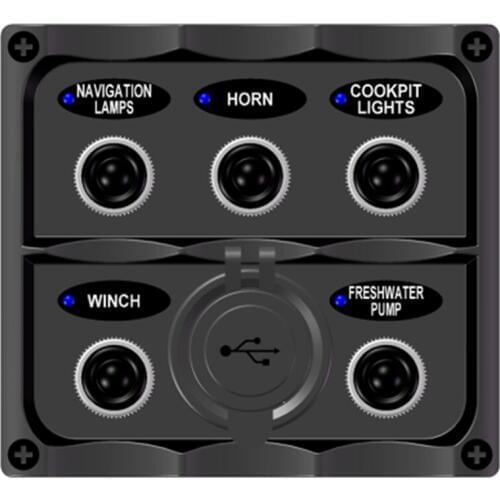 LED Marine Grade Boat Yacht 5 Gang Toggle Switch Panel +Dual 5V 1A 5V 2.1A USB Port Power Charger Socket, 28 Indication Labels