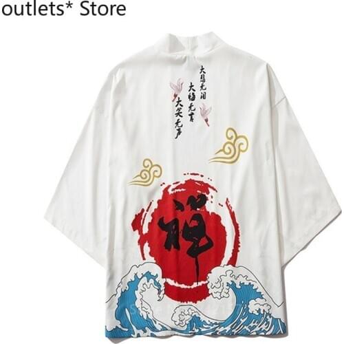 Unisex Japanese Traditional Clothing Male Fashion Asian Samurai Warrior Crane Print Kimono Haori Cardigan Streetwear