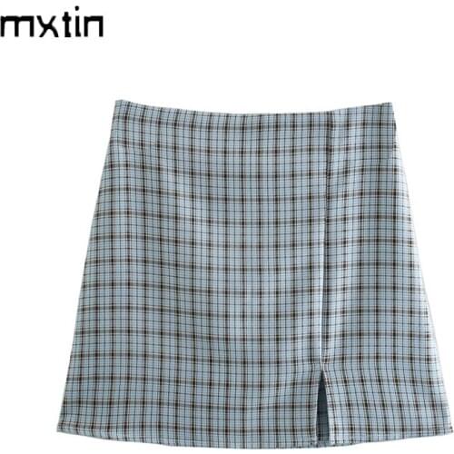 2021 Women Summer Vintage Sexy Plaid Harajuku Short Skirt A Line High Waist Split Ladies Mini Skirts French Casual Femme Jupes