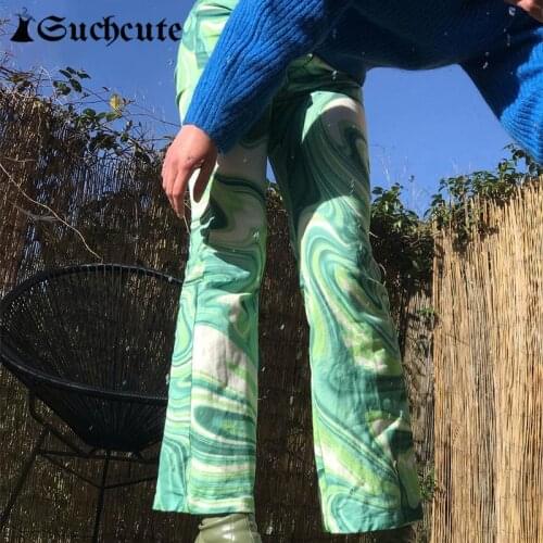SUCHCUTE 2021 Tie Dye Print Straight Pants For Women Y2K Aesthetic Summer Spring Casual Vintage High Waist Fashion Trousers