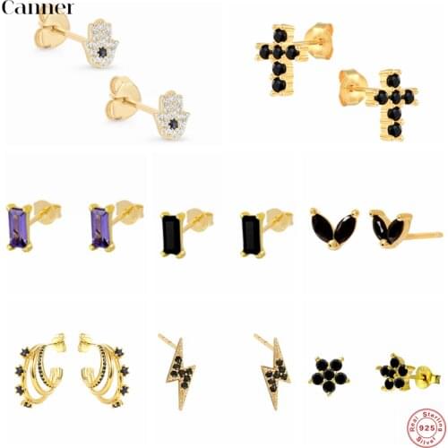 Canner 2021 Trend Sterling Silver Earrings For Women Black CZ Earing Geometric Lightning Piercing Jewelry Pendiente Plata 925 W5