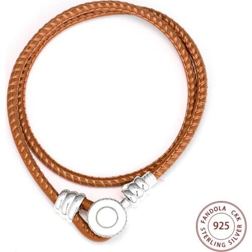 CKK Double Leather Bracelet 925 Sterling Silver Charm Bracelets Bangles for Women Original Jewelry pulseras mujer