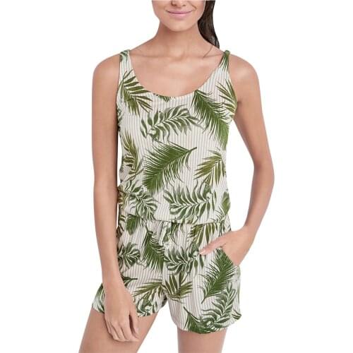 Women Playsuit Leaf Printing Beach Sleeveless Jumpsuit Sleeveless Casual Jumpsuit Woman Summer Rompers Combishort Femme 2021