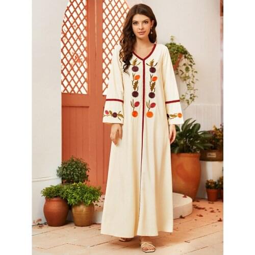 V Neck Ethnic Maxi Long Dress for Women Ribbon Long Sleeve Abaya Dresses White Floral Print Dubai Muslim Arabic Clothes