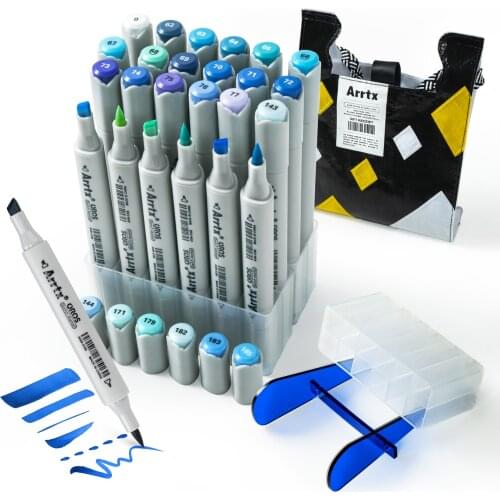 24 Blue Colors Brush Markers Arrtx OROS Art Marker Pen Double-Tip Sketch Markers Alcohol Based Ink Tones Art Supplies