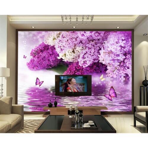 Bacal Custom 3D Wallpaper Purple Flowers Reflection Butterfly Background Wall wall papers home decor papel de parede 3D