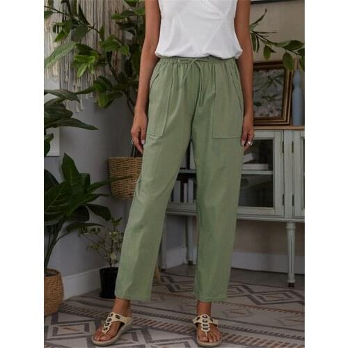 Women Summer Solid Color Big Mouth Bag Elastic Waist Pants Cotton Hemp Loose Womens Casual Pants Female Loose Trousers