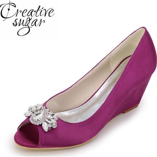 Creativesugar Elegant ladys wedge heels satin evening dress pumps diamond crytals toe queen princess shoes bridal wedding party