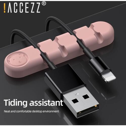 !ACCEZZ Cute Bear Cable Organizer Holder Wire Winder Earphone Mouse Cord Silicone Clip Data Cables Audio Line Desktop Management