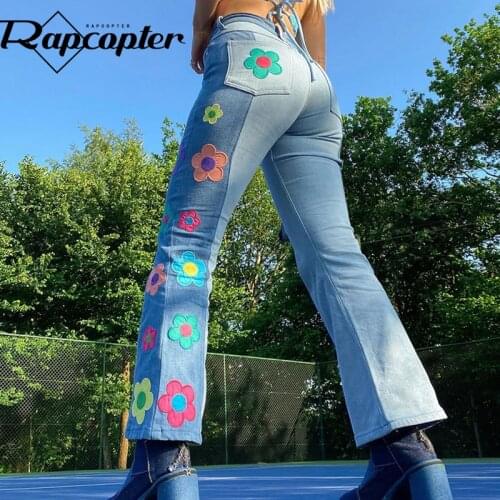 Rapcopter Floral Patched Jeans y2k Vintage Flare Denim Pants Embroidery Cute High Waisted Cargo Pants Women Korean Style Trouser