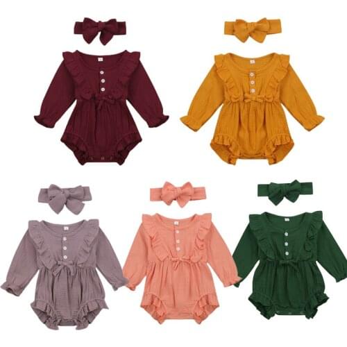FOCUSNORM 0-24M Newborn Baby Girls Boys Rompers Solid Ruffles Long Sleeve Button Jumpsuits 5 Colors Outfits