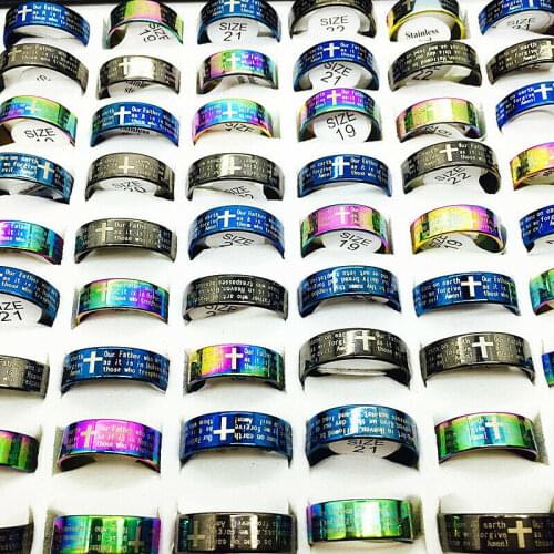 MIXMAX 100pcs Cross ring black blue multicolor men women Mix English Words Jesus Christ Lords Prayer Stainless Steel Rings