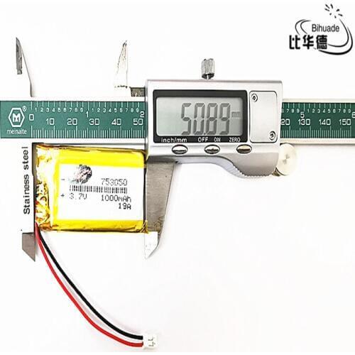 JST 2.0mm 2Pin Good Qulity 3.7V lithium battery early 753050 1000mAh headlight GPS navigator general polymer batteries