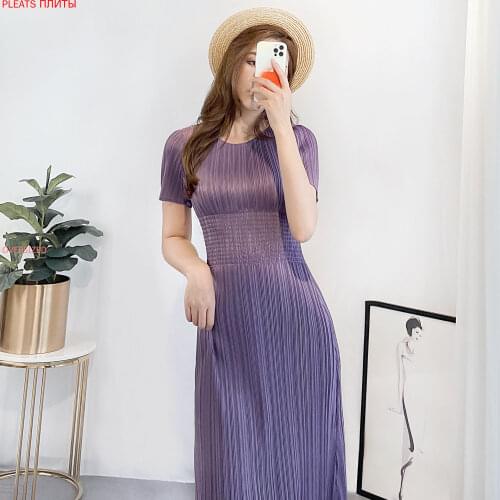 Miyake folds temperament goddess dress summer new solid color romantic elastic waist show thin high waist long dress PLEATS