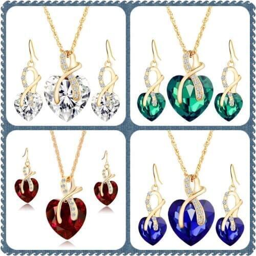 Fashion Austrian Rhinestone Necklace Earrings Set Heart Waterdrop Crystal Charm Pendant Gold Color Plated Women Jewelry