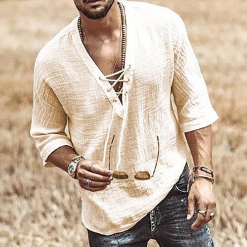 Men Solid Color Half Sleeve V Neck Hollow Out Chest Bandage T-shirt Blouse Top